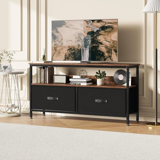 TV Console Stand Dresser with Storage Living Room 2-Drawer Entertainment Center with Open Shelf Fabric Drawer TV Cabinet