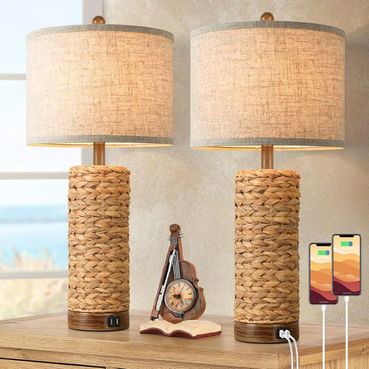 Set of 2 Rattan Table Lamps with USB Ports, 27In Tall Farmhouse Bedside Lamps for Living Room, E26 Socket