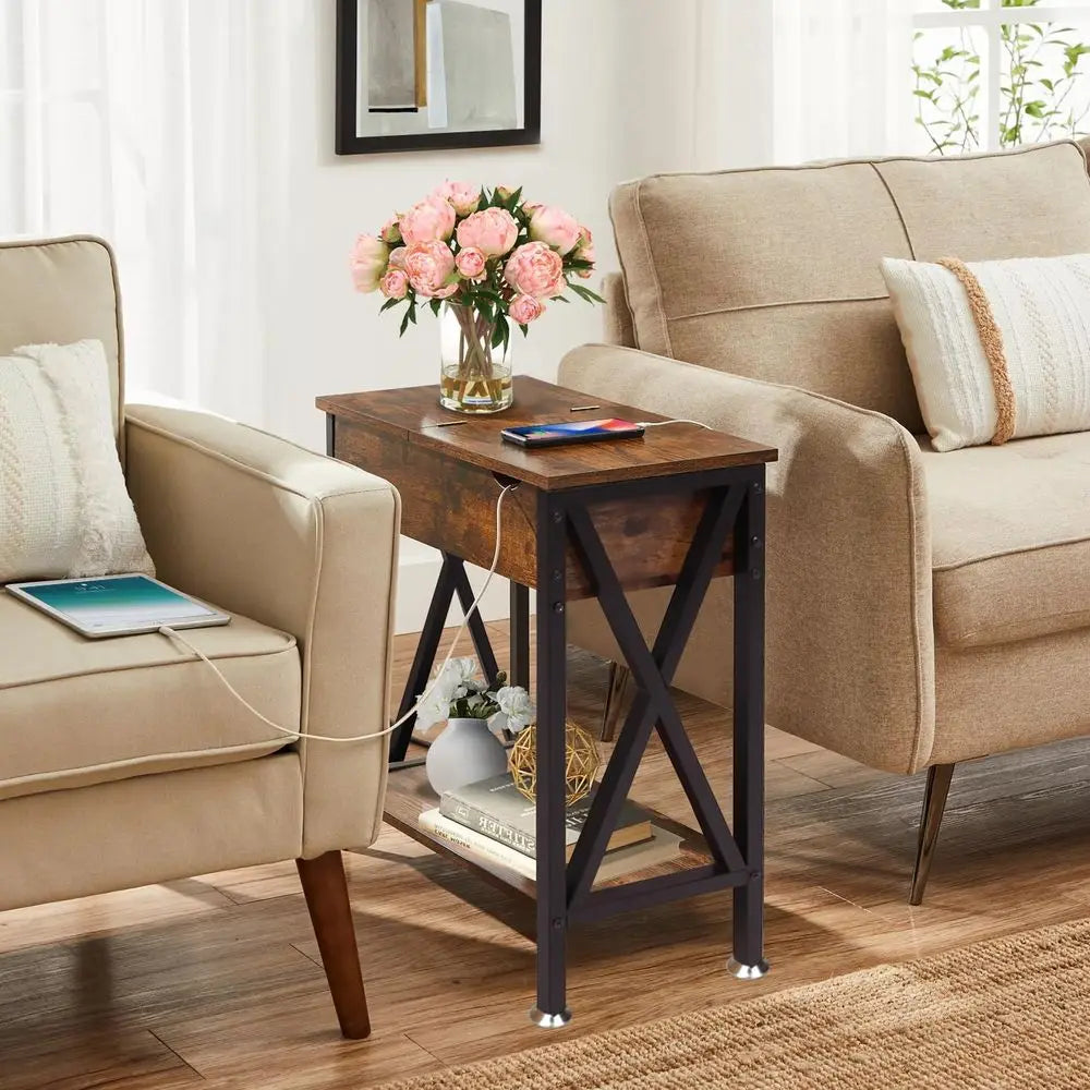 End Tables Living Room Set of 2, Narrow Side Table with Charging Station, 12" D x 24" W x 24" H, Flip Top End Table with USB Por