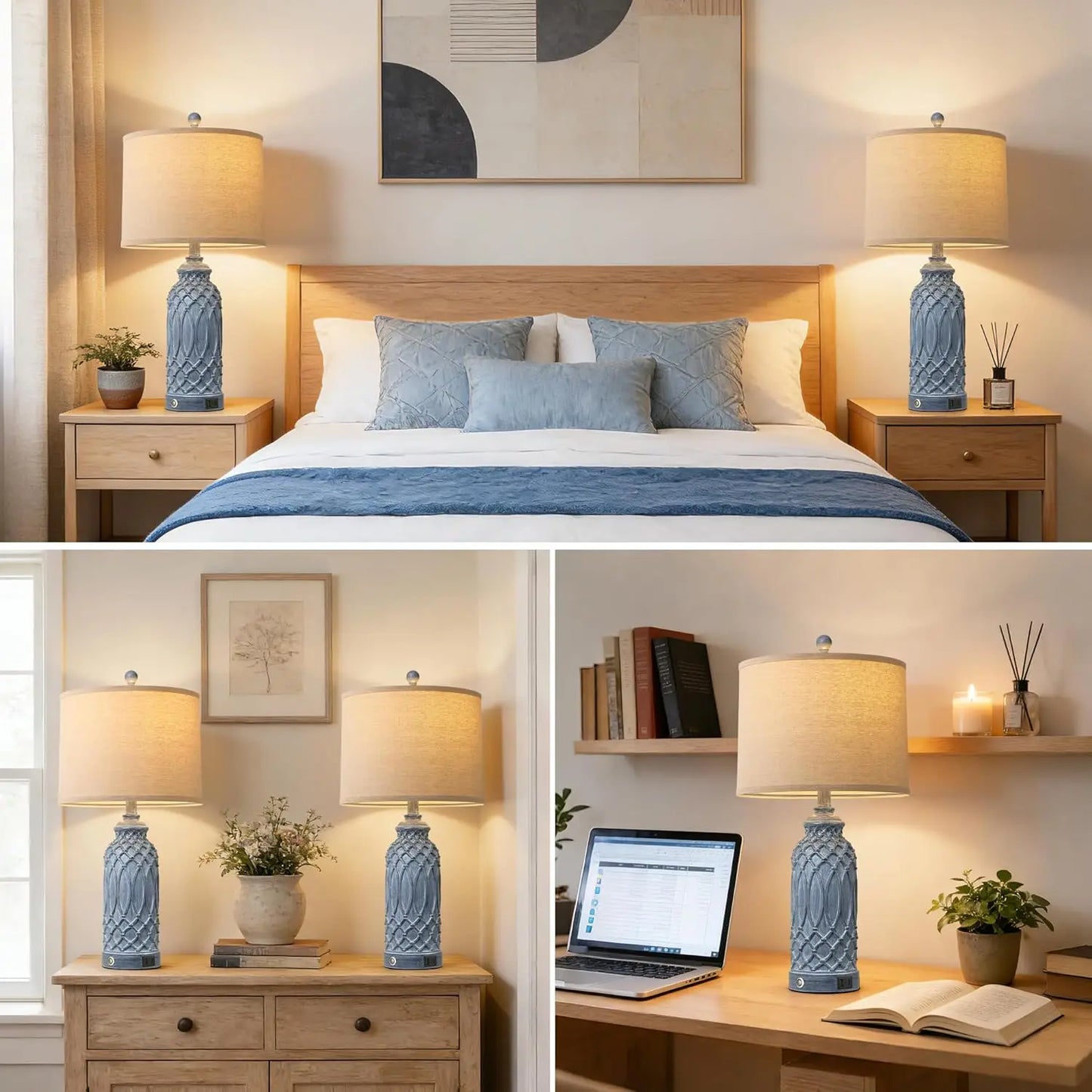 Farmhouse Table Lamps Set of 2 with USB Ports, Touch Switch, Linen Shade for Living Room Bedroom Decor