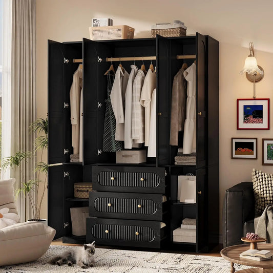 4 Doors Freestanding Armoire Wardrobe Closet, 72" Black Wardrobe Armoire Wooden Closet Large Capacity Storage , Customized