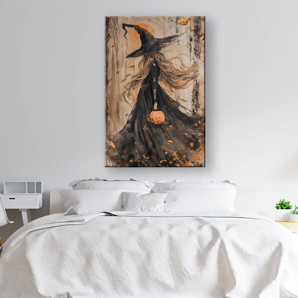 1Pc Pine-Framed Autumn Witch Canvas | Mysterious Forest Theme | Living Room/Bedroom/Corridor Halloween Decor