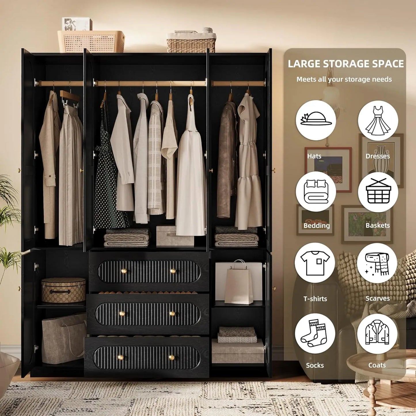 4 Doors Freestanding Armoire Wardrobe Closet, 72" Black Wardrobe Armoire Wooden Closet Large Capacity Storage , Customized