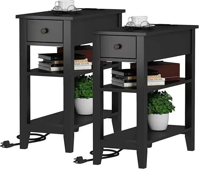 Black End Table Set of 2, Sofa Side Table Living Room with Charging Station,Narrow Night Stand with USB Ports & Power Outlets a