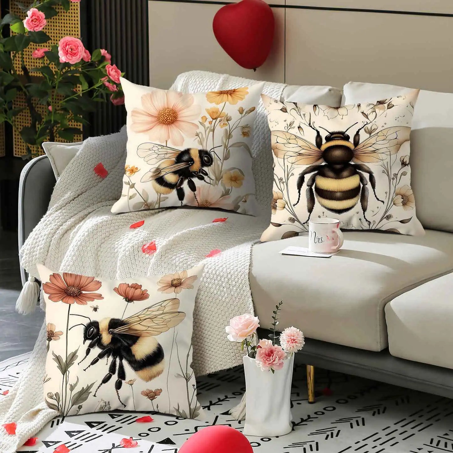 Cute bee and flower pattern digital printing pillow cover Short plush Suitable living rooms bedrooms sofas throw cushion cover