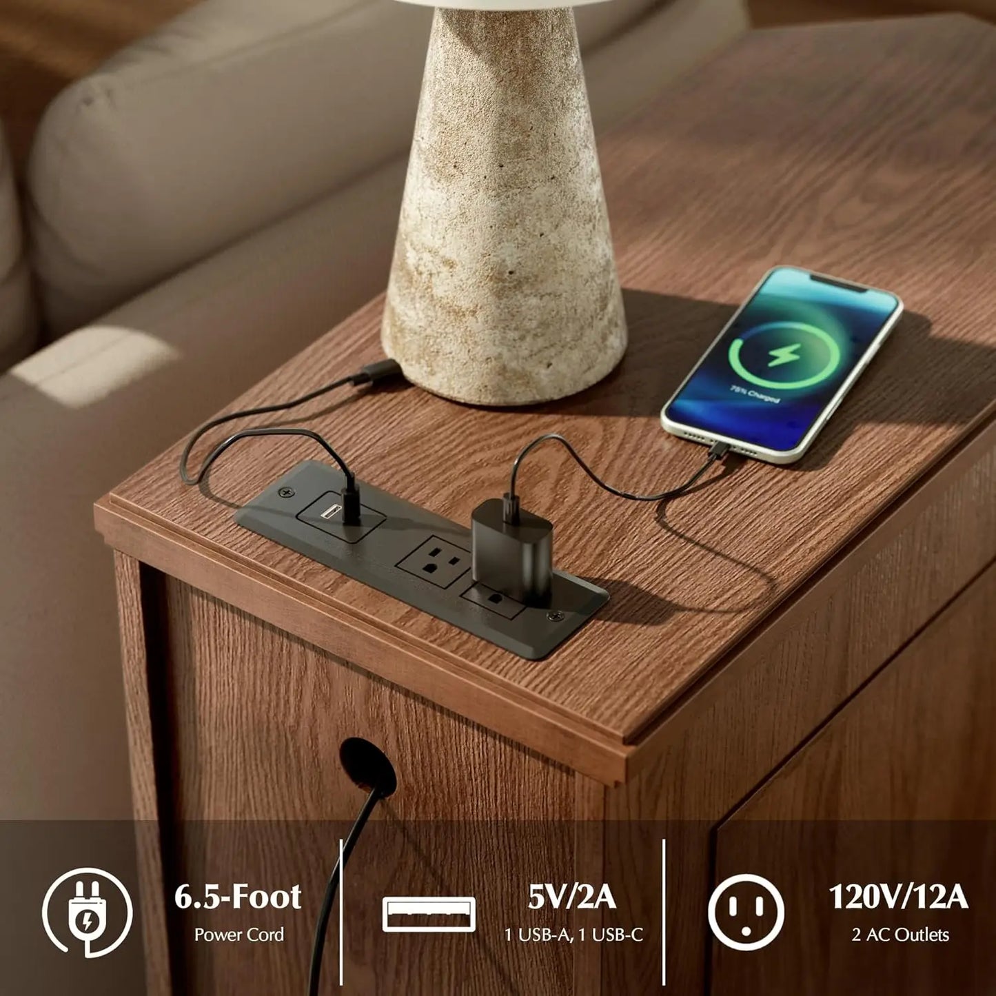 Nightstand Set of 2 with Charging Station, Vintage Wood End Table with 3 Drawer, Narrow Side Table, Slim, Customized